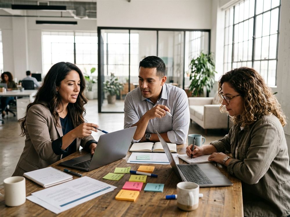 Tres personas trabajando en equipo con laptops y notas adhesivas